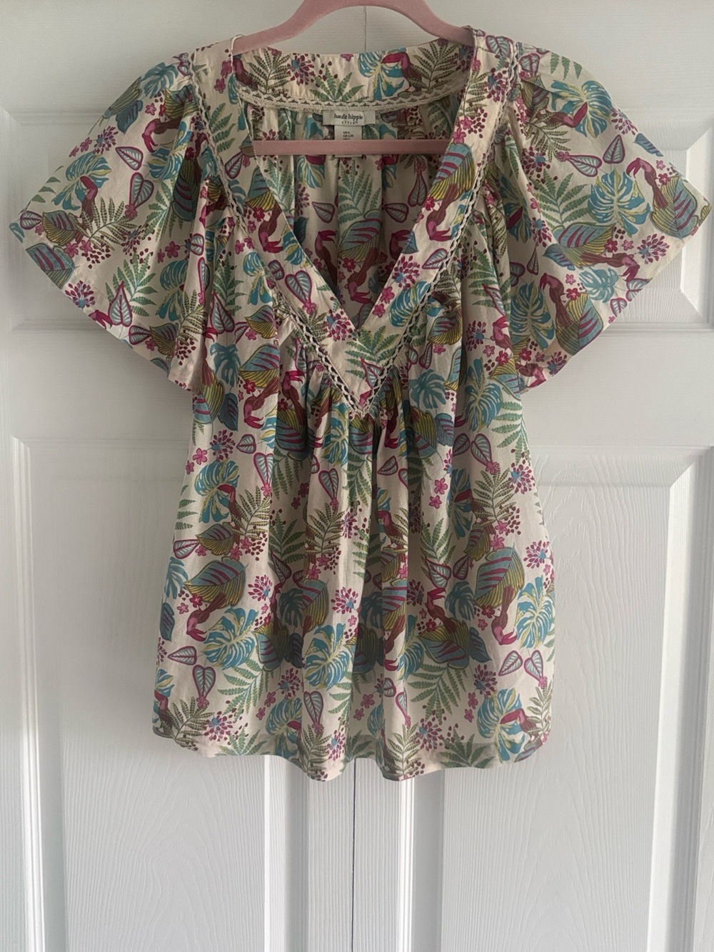 Haute Hippie Style Floral/Palm Print Flutter Sleeve Top - Size Large